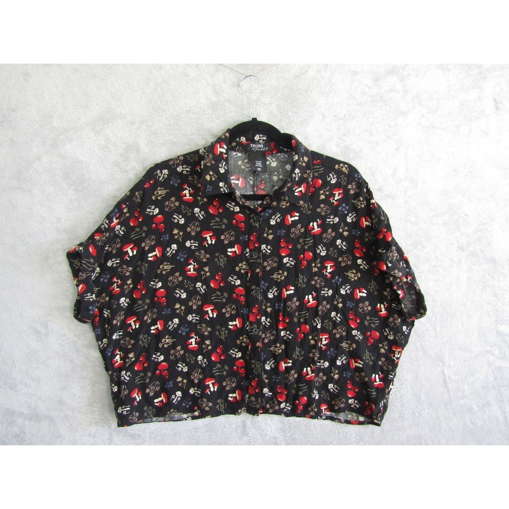 Thorn & Fable Mushroom‎ Print Button Front Crop Top Black Rayon Womens Medium MD